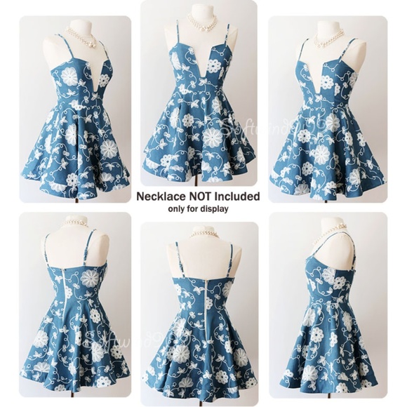 Last✌️ Blue Floral Embroidered Plunge Skater Dress - Picture 7 of 8